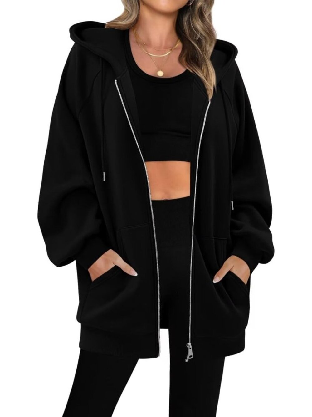 Women A Black Oversized Shirt Casual Hooded Neck Long Sleeve Pocket Fall Jacket
